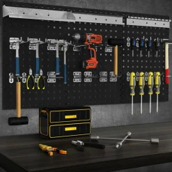 28 Pieces Wall-Mounted Pegboard Kit with 2 Storage Shelf Ideal for Garage Workshop