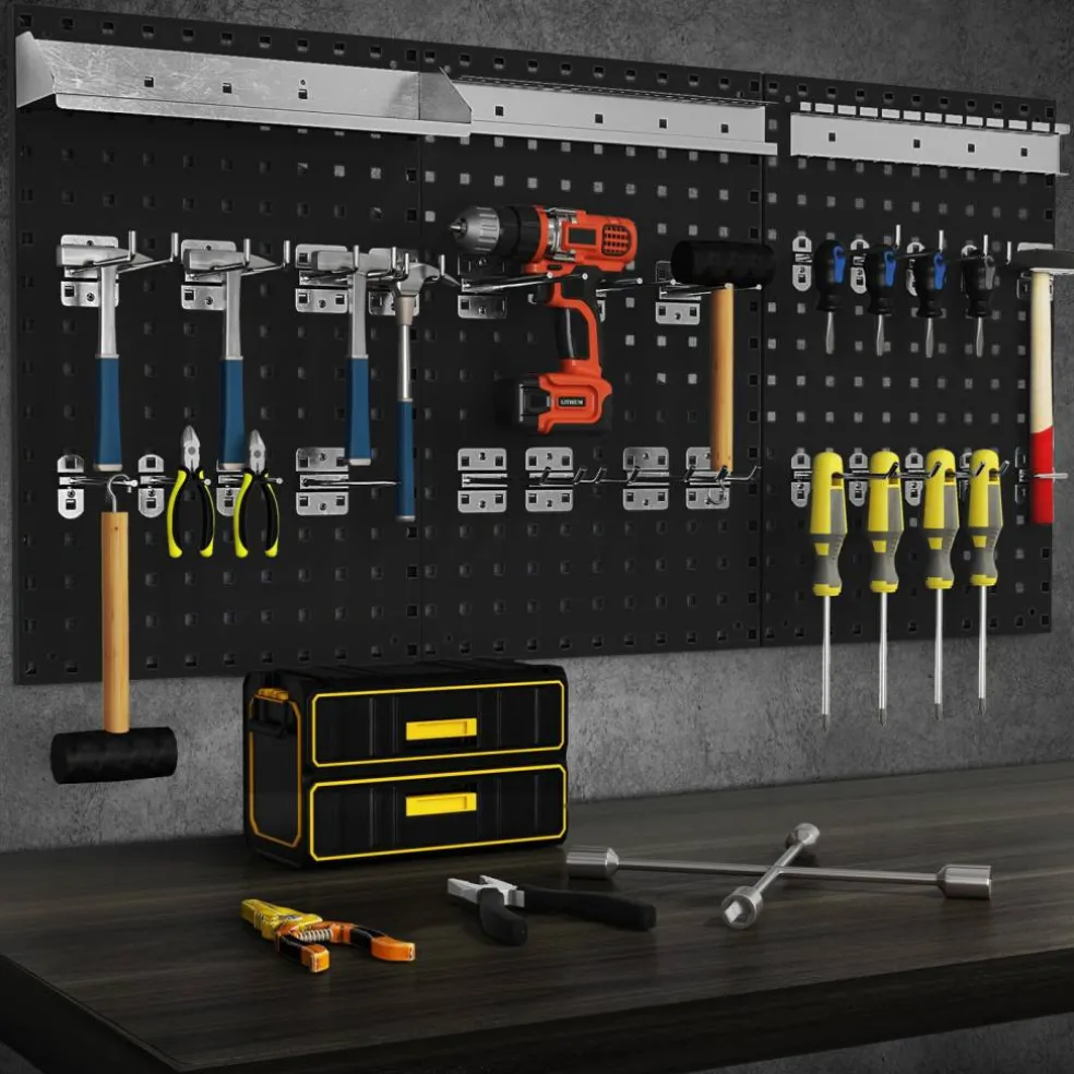 28 Pieces Wall-Mounted Pegboard Kit with 2 Storage Shelf Ideal for Garage Workshop