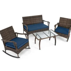 4 Pieces Wicker Rocking Set with Bungee Rope Seat for Porch Yard-Navy
