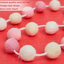 2 Pieces Wool Felt Rainbow Ball Garland Colorful Pom Pom 6.5 ft Long 24 Ball Garland for Easter Mardi Gras Halloween Thanksgiving Xmas Black History Month (Pink,Light Pink,Beige,White)