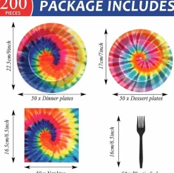 200-Piece Tie-Dye Party Tableware Set for 50 Guests – Includes Colorful Plates, Napkins, and Disposable Dinnerware. Perfect for Tie-Dye Themed Parties, Birthdays, Baby Showers, Graduations, and Fun Celebrations.