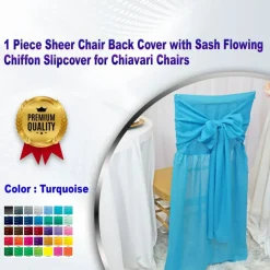 1 Piece Turquoise Sheer Chair Back Cover with Sash Flowing Chiffon Slipcover for Chiavari Chairs