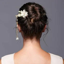 5-Piece White Flower Tassel Hairpin Set - Vintage Hanfu Bridal Headpiece with Pearl & Rhinestone Accents for Women
