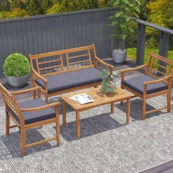 4 Piece Wood Patio Furniture with Armchairs Loveseat and Coffee Table