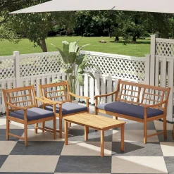 4 Piece Wood Patio Furniture with Armchairs Loveseat and Coffee Table
