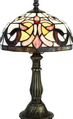 Pink/Amber Fleur-de-lis Genuine Stained Glass Shade & Lamp Base - Perfect for a Living Room, Bedroom, Office, & More