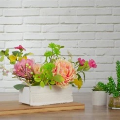 14'' Pink and Yellow Artificial Roses and Peony Floral  Arrangement in Planter