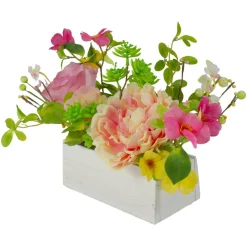 14'' Pink and Yellow Artificial Roses and Peony Floral  Arrangement in Planter