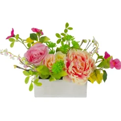 14'' Pink and Yellow Artificial Roses and Peony Floral  Arrangement in Planter