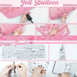 Pink Birthday Decorations for Women Girls, Silver Pink Confetti Foil Balloons Happy Birthday Banner Butterfly Fringe Curtains Cake Topper for Princess Party Supplies Decor