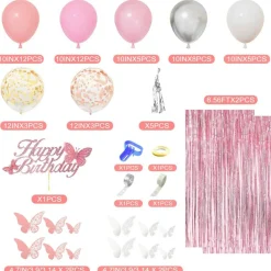 Pink Birthday Decorations for Women Girls, Silver Pink Confetti Foil Balloons Happy Birthday Banner Butterfly Fringe Curtains Cake Topper for Princess Party Supplies Decor