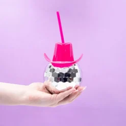 Pink Disco Cowboy Hat Cup with Straw