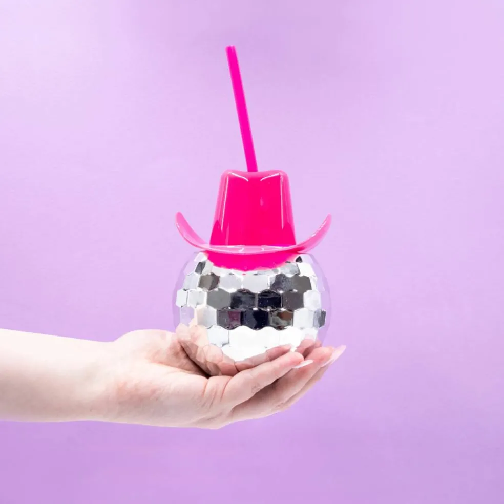 Pink Disco Cowboy Hat Cup with Straw