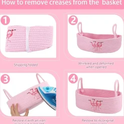 Pink Flamingo Woven Storage Basket for Toilet Tank Top Boho Cotton Rope Bathroom Countertop Organizer Basket with Handle Pink Bathroom Decor for Bedroom Nursery Toys Organizing, 13 x 6 x 4 Inch