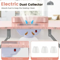 Pink Foldable Manicure Nail Table with 4 Lockable Wheels and LED Table Lamp