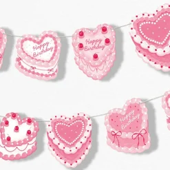Pink Heart Cake Garland Banner, Coquette Birthday Party Decor for Girls & Women, 30 Feet of Cord, 15 Double-Sided Vintage Birthday Cake Shapes