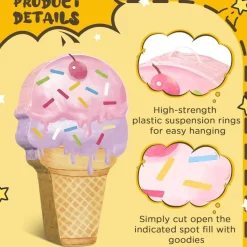 Pink Ice Cream Piñata Cute Dessert Cone Shaped Piñata with Stick Blindfold for Ice Cream Candy Birthday Party Summer Baby Shower Wedding Party Supplies Decor,