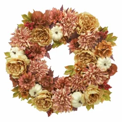 26" Pink Mum & Dahlia Wreath with Cream Pumpkins by Ashland®