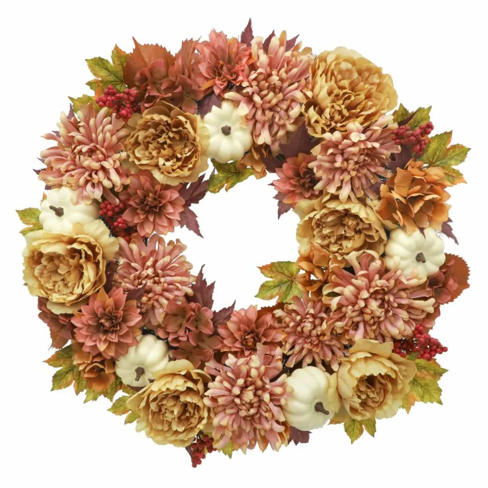 26" Pink Mum & Dahlia Wreath with Cream Pumpkins by Ashland®