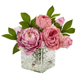 8.5" Pink Peony In Square Textured Glass Vase