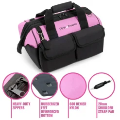 Pink Power 16" Pink Tool Bag for Women - Tool Tote with 22 Storage Pockets, Small Zippered Tool Organizer for Hand Tools, Power Tools & Tool Kits