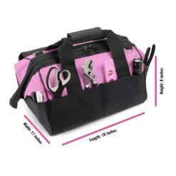 Pink Power 16" Pink Tool Bag for Women - Tool Tote with 22 Storage Pockets, Small Zippered Tool Organizer for Hand Tools, Power Tools & Tool Kits