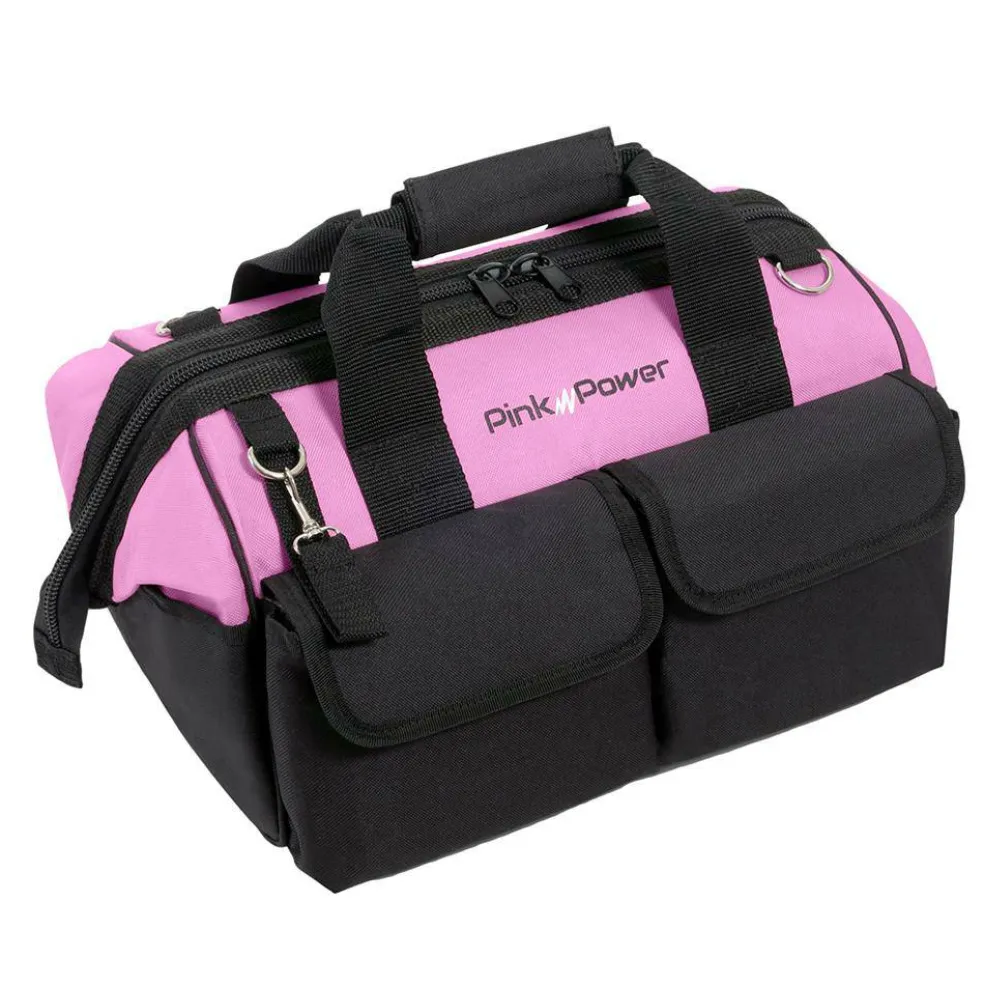 Pink Power 16" Pink Tool Bag for Women - Tool Tote with 22 Storage Pockets, Small Zippered Tool Organizer for Hand Tools, Power Tools & Tool Kits