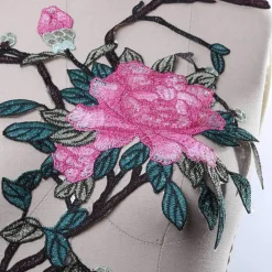 Pink Rose Bird Embroidered Applique Patch for Jackets and Dresses 14" Width