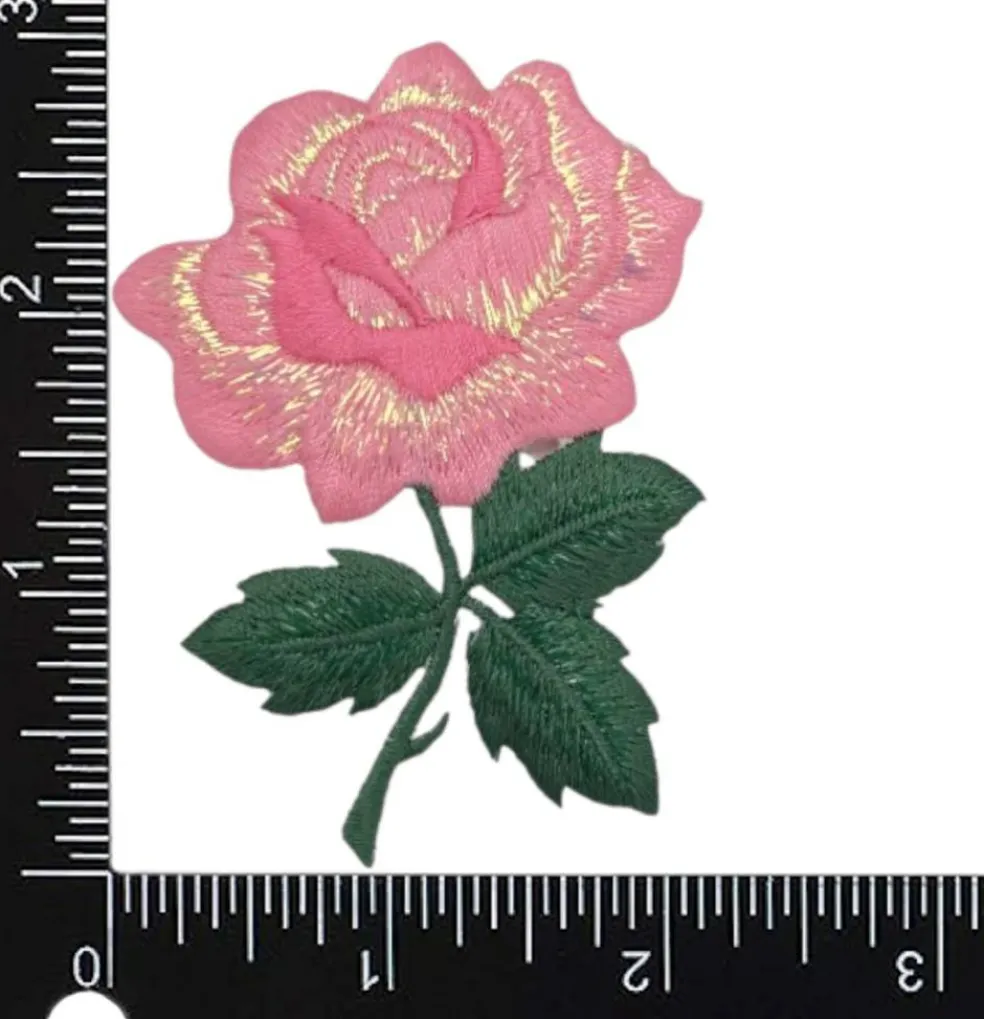 Pink Rose, Flowers, Embroidered, Iron on Patch