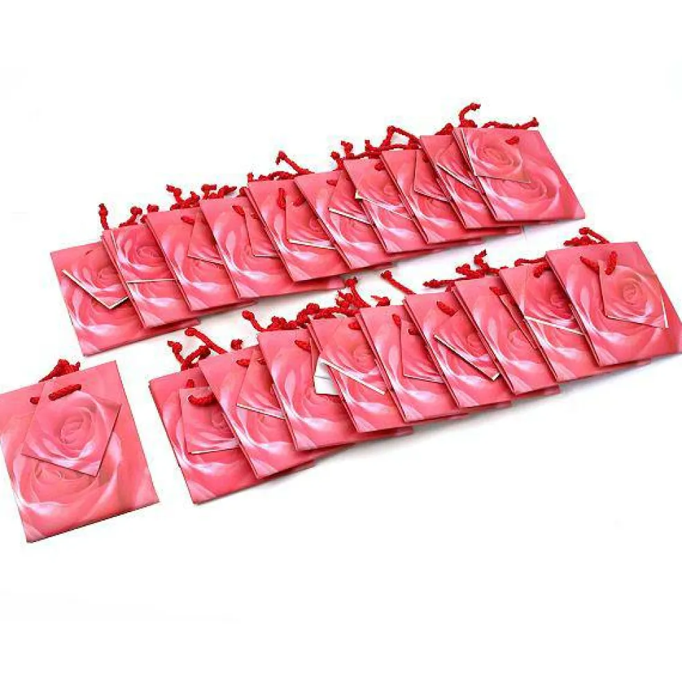 20 Pink Rose Shopping Tote Gift Bags & Card 3 1/2"