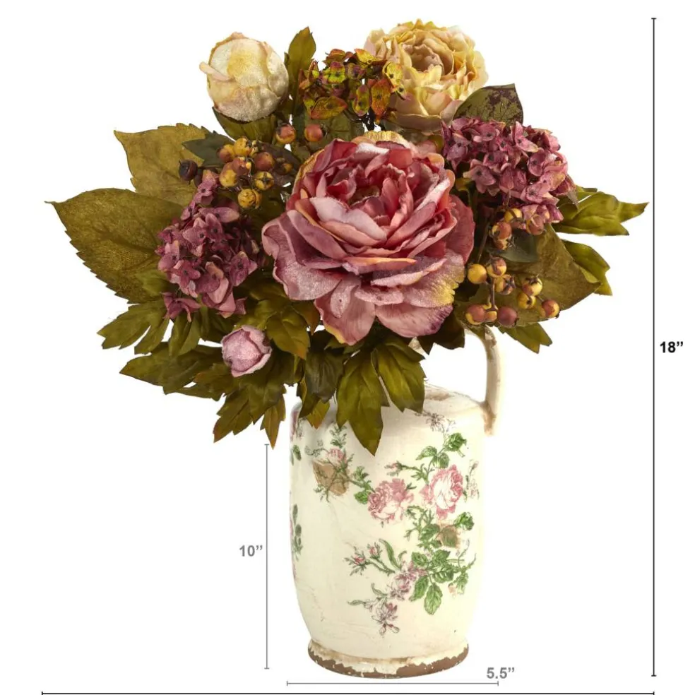 18'' Pink & Yellow Peony Arrangement in Floral Pitcher