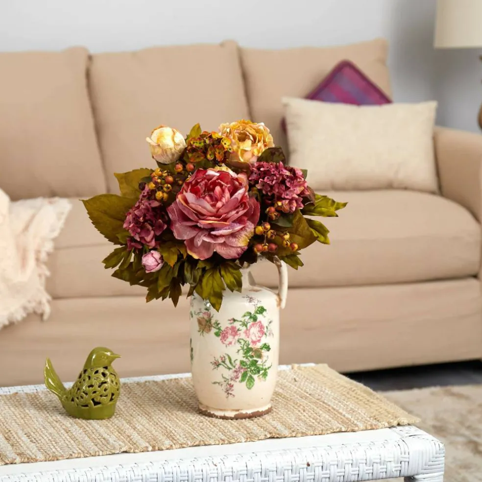 18'' Pink & Yellow Peony Arrangement in Floral Pitcher