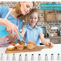 Piping Bags and Tips Set, Reusable Cake Decorating Supplies with 2 Reusable Bags, 12 Icing Tips, 2 Silicone Rings, 2 Couplers and 3 Scrapers, Cake Baking Tools for Cookie Icing Cakes Cupcakes