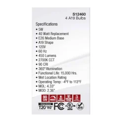 4Pk - 5W A19 LED Clear Warm White 2700K E26 Medium Base 120v - 40W equiv