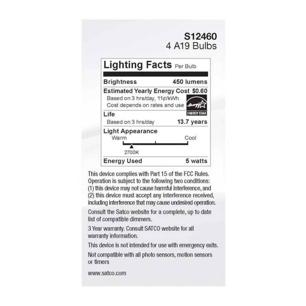 4Pk - 5W A19 LED Clear Warm White 2700K E26 Medium Base 120v - 40W equiv