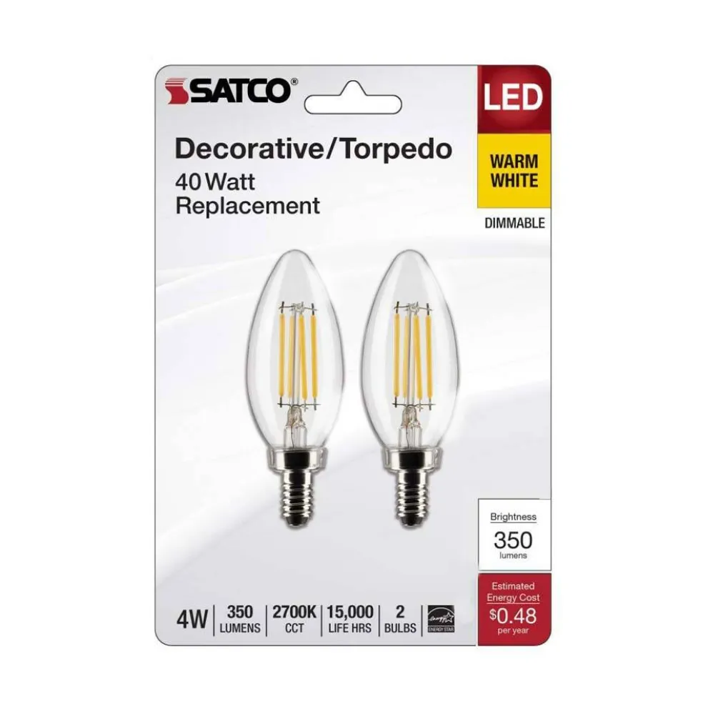 2Pk - 4W B11 LED Clear Candelabra Base 2700K 350 Lumens 120v