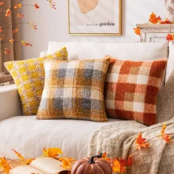 Plaid Fall Throw Pillow Covers Orange 18x18 Inch Set of 2