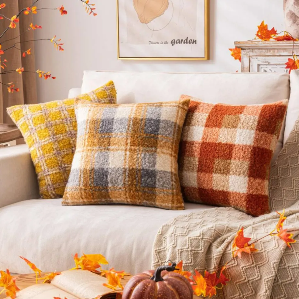 Plaid Fall Throw Pillow Covers Orange 18x18 Inch Set of 2