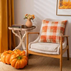 Plaid Fall Throw Pillow Covers Orange 18x18 Inch Set of 2