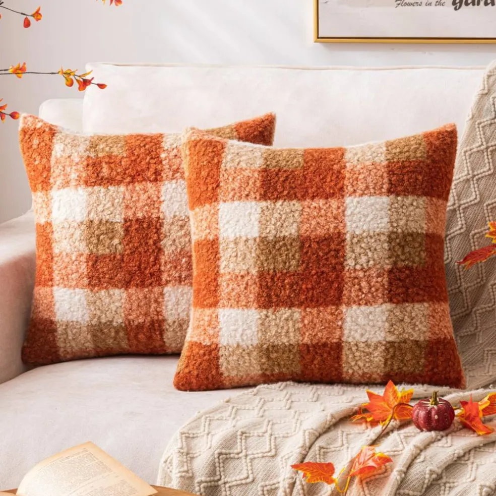 Plaid Fall Throw Pillow Covers Orange 18x18 Inch Set of 2