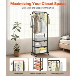 Portable Clothing Rack with Hanging Rod, 3 Tier Shelves and 360° Wheels, Freestanding Garment Rack for Clothes, Shoes and Bags