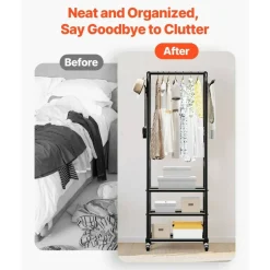 Portable Clothing Rack with Hanging Rod, 3 Tier Shelves and 360° Wheels, Freestanding Garment Rack for Clothes, Shoes and Bags