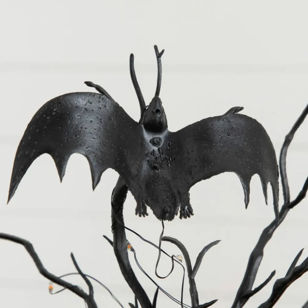 16" Pre-Lit Artificial Halloween Black Spooky Twig Tree with Bats and 20 Orange & Purple LED Lights