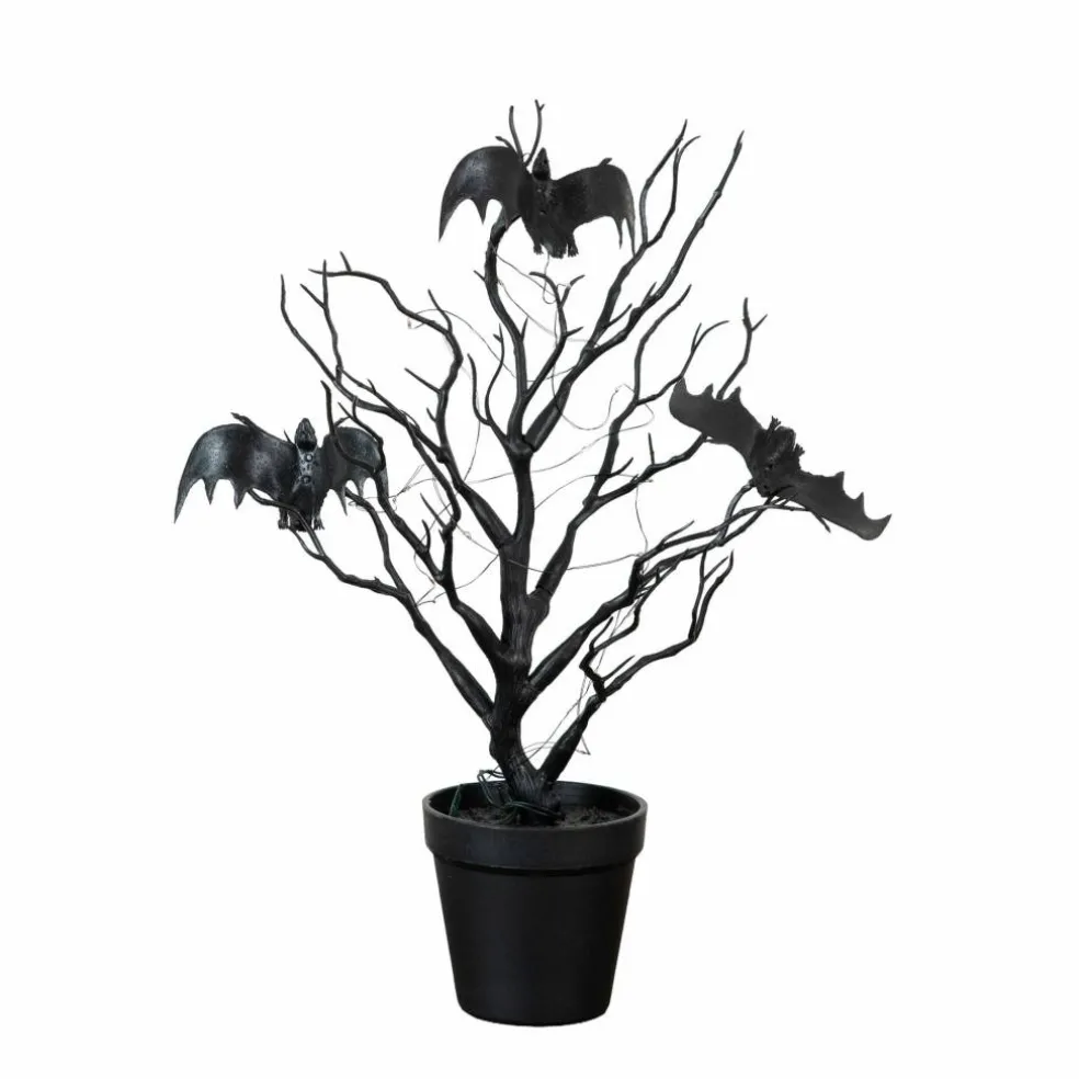 16" Pre-Lit Artificial Halloween Black Spooky Twig Tree with Bats and 20 Orange & Purple LED Lights