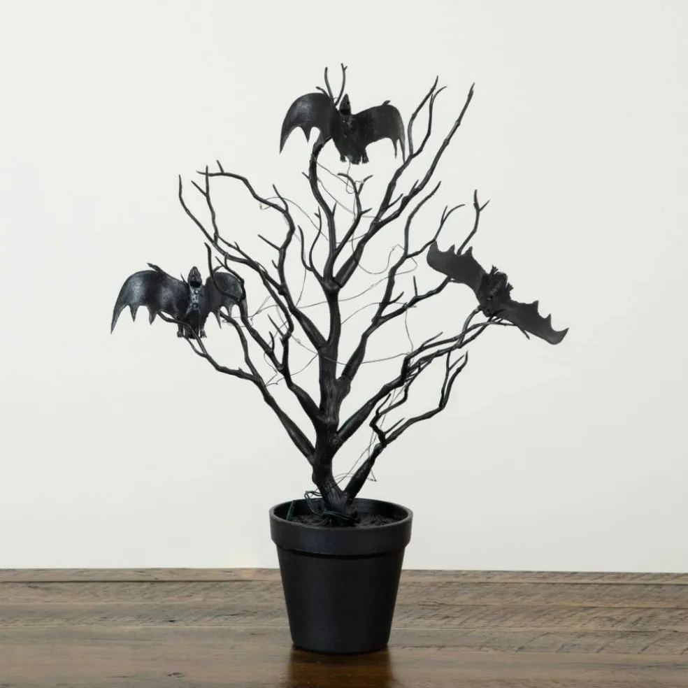 16" Pre-Lit Artificial Halloween Black Spooky Twig Tree with Bats and 20 Orange & Purple LED Lights