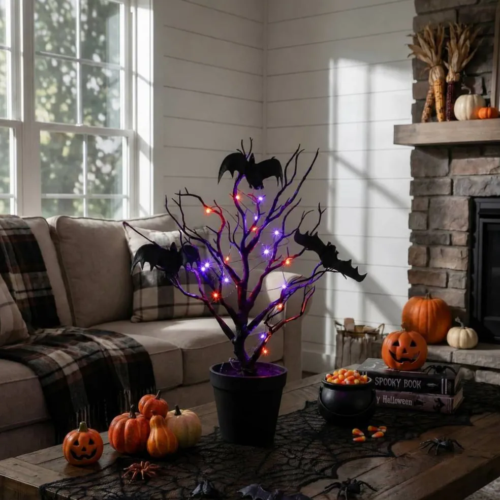 16" Pre-Lit Artificial Halloween Black Spooky Twig Tree with Bats and 20 Orange & Purple LED Lights