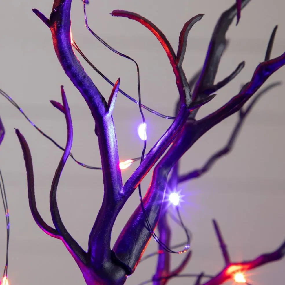 16" Pre-Lit Artificial Halloween Black Spooky Twig Tree with Bats and 20 Orange & Purple LED Lights