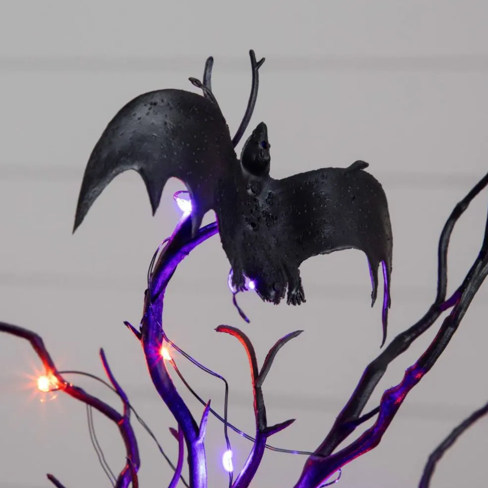 16" Pre-Lit Artificial Halloween Black Spooky Twig Tree with Bats and 20 Orange & Purple LED Lights
