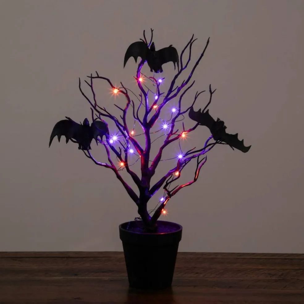 16" Pre-Lit Artificial Halloween Black Spooky Twig Tree with Bats and 20 Orange & Purple LED Lights