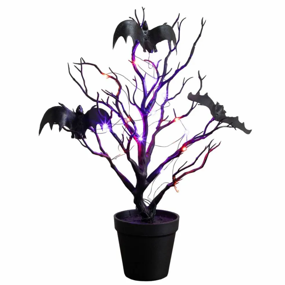 16" Pre-Lit Artificial Halloween Black Spooky Twig Tree with Bats and 20 Orange & Purple LED Lights